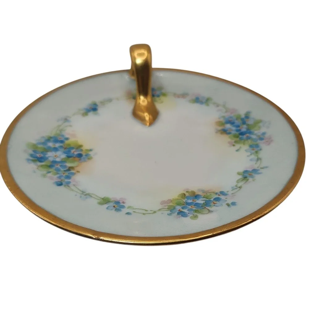 Antique‎ Bavaria Nappy Lemon Dish Blue Hand Painted Floral Gold Trim Handle SEE
